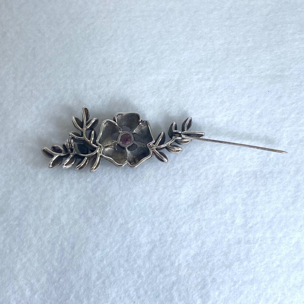 VTG Sterling Silver 925 Marcasite & Round Pink CZ Flower Leaf Foliage Brooch - Picture 8 of 16